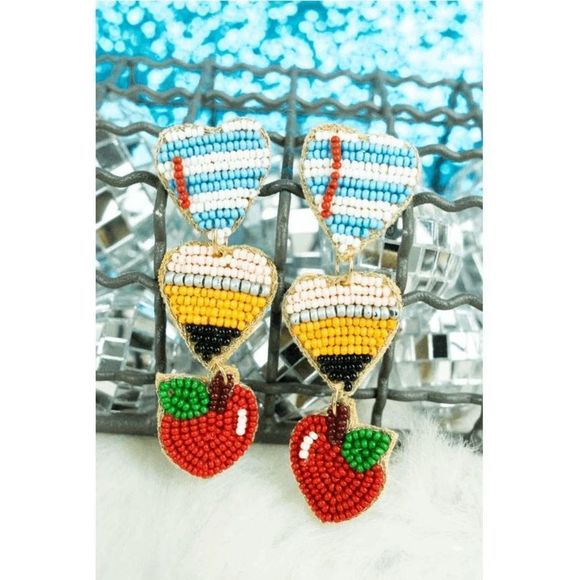 Teacher Apple Paper and Pencil Seed Bead Earrings - Picture 3 of 3